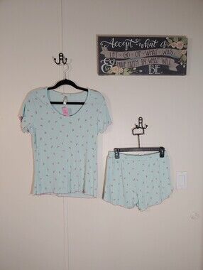 Simple Pleasures Feminine Small Blue/green Short Sleeve Pajama Set